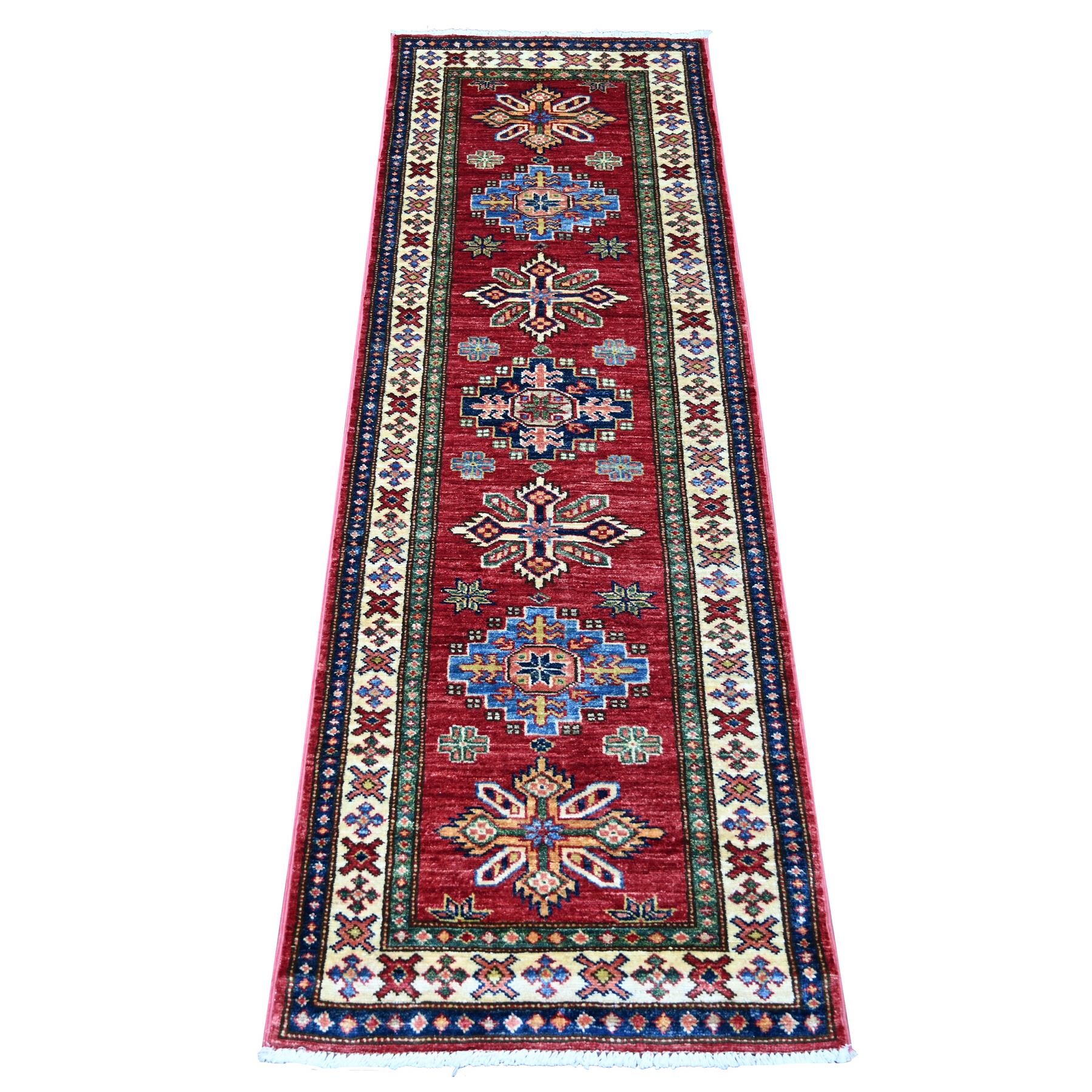 Savvy Red, Afghan Super Kazak with Tribal Medallions Design, Hand Knotted, Pure Wool, Vegetable Dyes, Narrow Runner, Oriental Rug